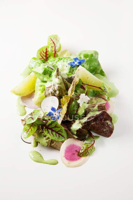 Mixed lettuce with cucumber, radish and edible flowers on white surface — Stock Photo
