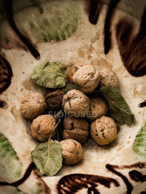 Walnuts in shells on plate — Stock Photo