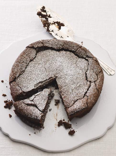 Chocolate cake dusted with icing sugar — Stock Photo