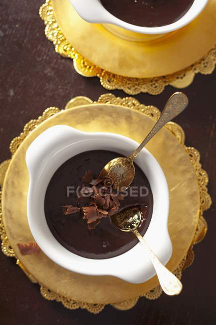 Dark chocolate mousse with chocolate curls — Stock Photo