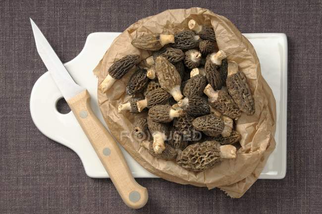 Top view of fresh morels heap on a paper bag — Stock Photo