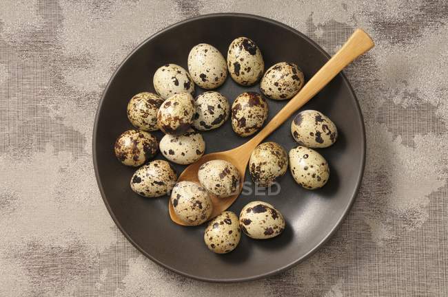 Huevos de codorniz en tazón con cuchara de madera — Stock Photo