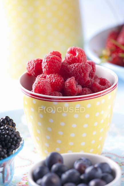 Fresh raspberries with blackberries and blueberries — Stock Photo