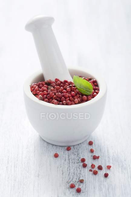 Pink peppercorns in mortar — Stock Photo