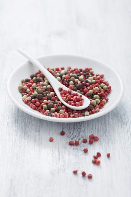 Assorted peppercorns on plate — Stock Photo
