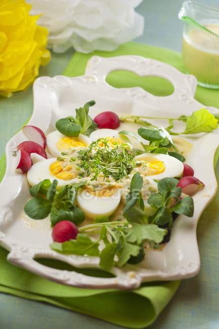 Nahaufnahme von hartgekochten Eiern mit Meerrettich, Radieschen, Salat und Kresse — Stockfoto