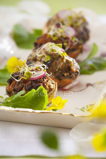Eggs filled with mushrooms, radishes and edible shoots — Stock Photo