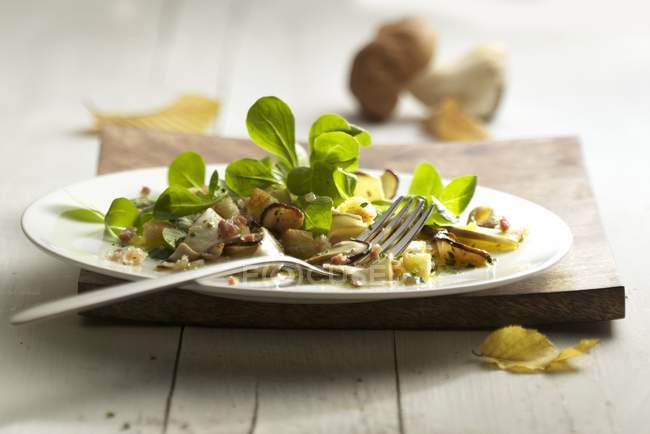 Closeup view of lettuce with porcini mushrooms on plate — Stock Photo