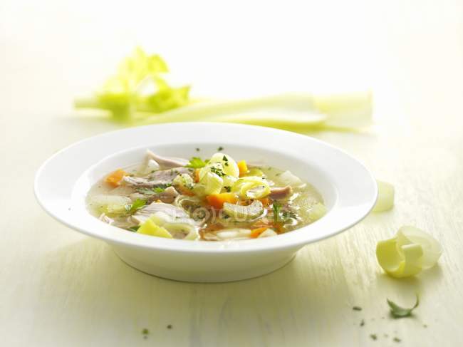 Куриный суп с сельдереем на белой тарелке — стоковое фото