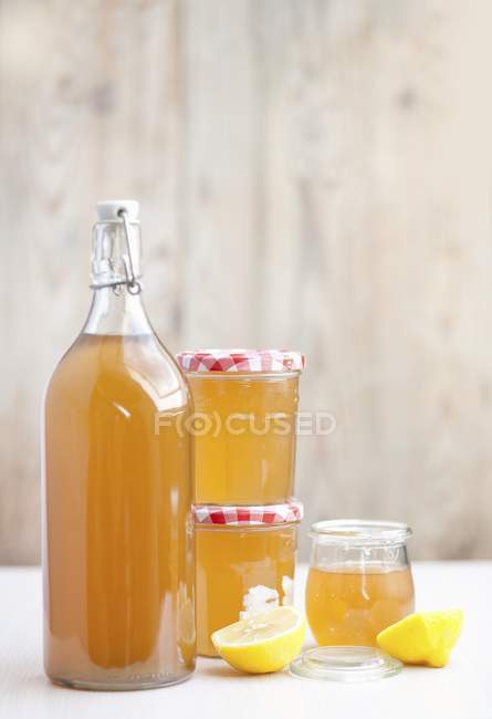 Elderflower jam and jar of cordial — Stock Photo