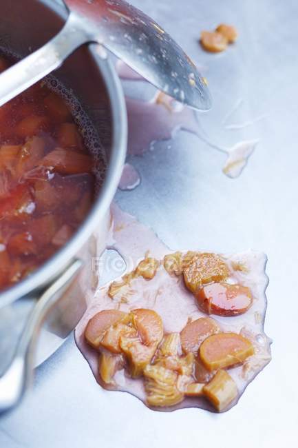 Closeup view of stewed rhubarb in a saucepan and on the side — Stock Photo