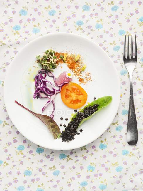 Верхний вид салатной тарелки с помидорами, красной капустой, съедобными побегами и черной чечевицей — стоковое фото