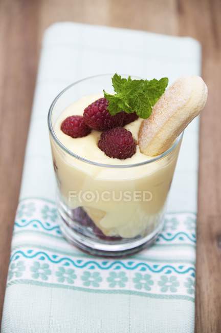 Vanilla pudding with fresh raspberries — Stock Photo