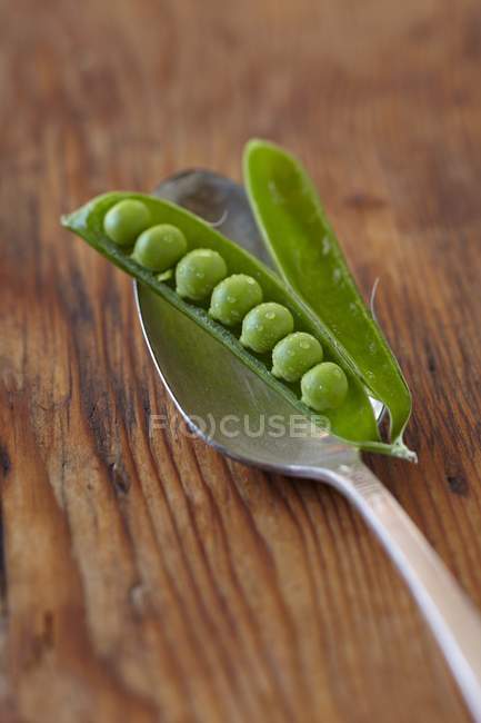 Green Peas in Pod on Spoon — Stock Photo