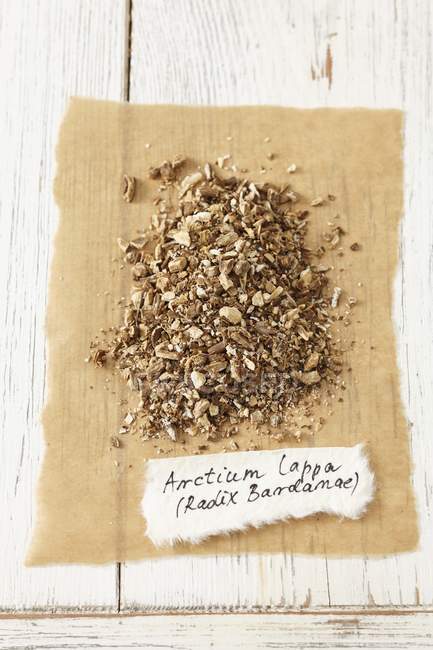 Top view of dried root of the greater burdock on paper — Stock Photo