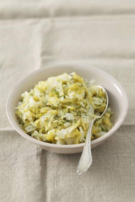 Braised young cabbage with dill  on white plate with spoon — Stock Photo