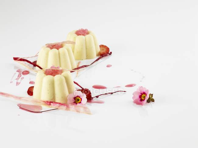 Vanilla puddings with strawberry sorbet — Stock Photo