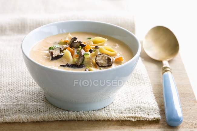 Mushroom cream soup with shells pasta — Stock Photo