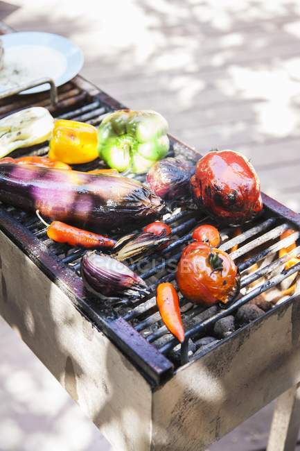 Vegetables on a barbecue rack outdoors — Stock Photo