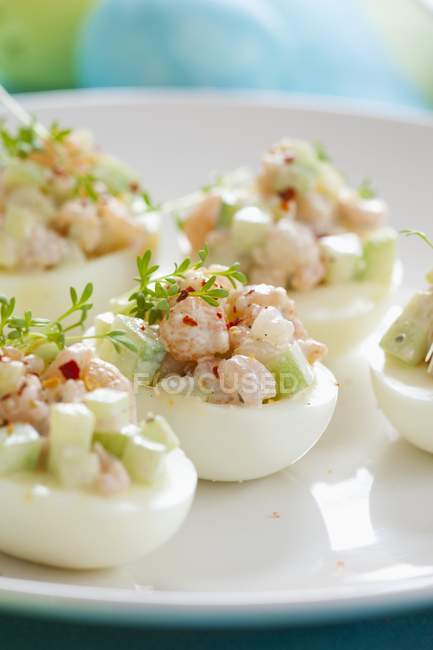 Stuffed eggs with cucumber, prawns and cress  on white plate — Stock Photo