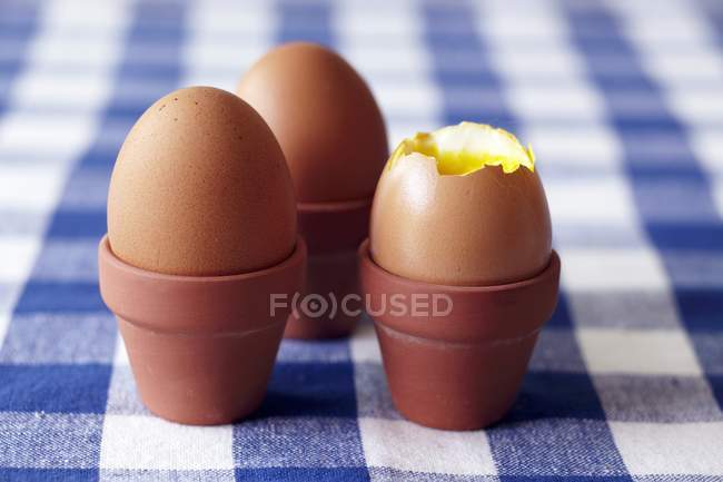Boiled eggs in small flowerpots — Stock Photo