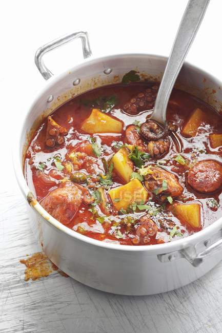 Octopus and chorizo stew with ladle over wooden surface — Stock Photo