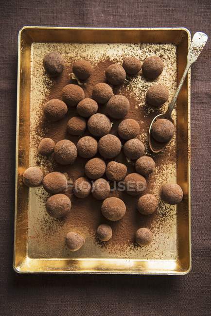 Chocolate truffles on tray — Stock Photo