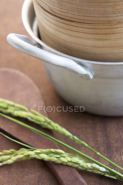 Ears of rice and wooden spoon — Stock Photo