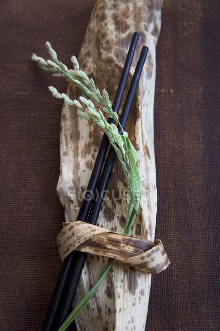 Palillos con espigas de arroz - foto de stock