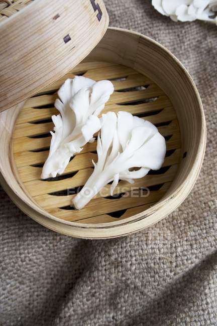 Pilze im Bambusdämpfer — Stockfoto