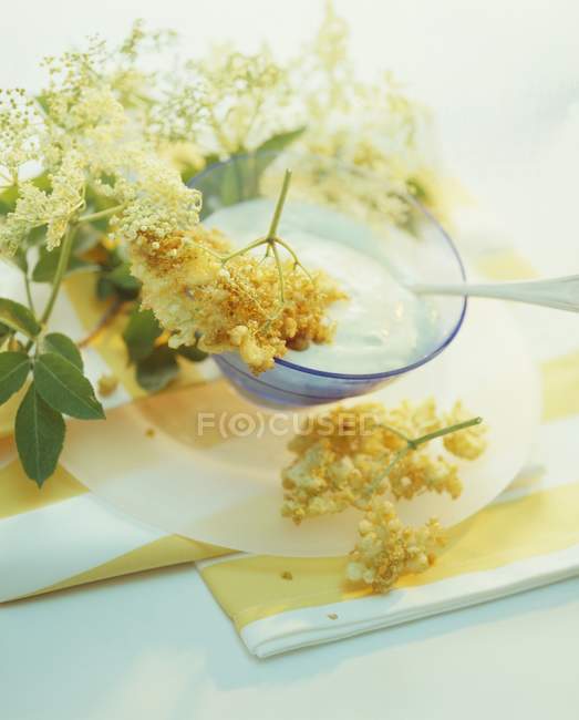 Vue rapprochée de beignet de sureau avec des fleurs de sureau et de la crème — Photo de stock