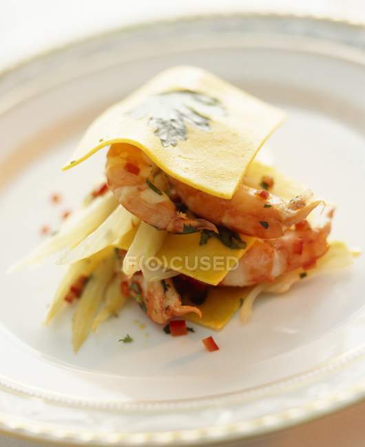 Lasagne with chilli prawns — Stock Photo