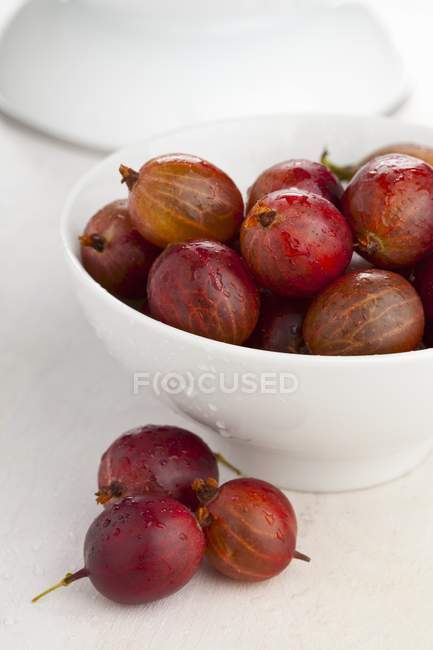 Red gooseberries in white bowl — Stock Photo