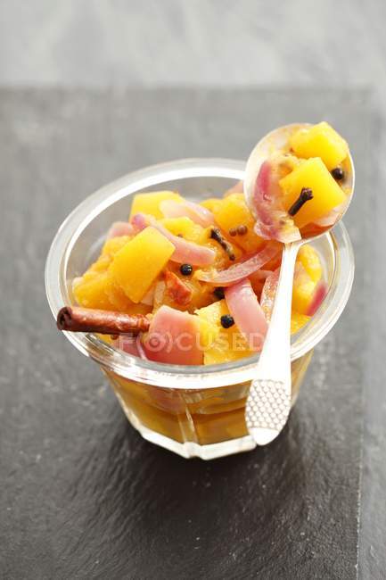 Closeup view of squash Chutney with red onions and spices — Stock Photo
