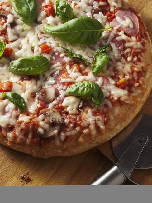 Pizza mit Pilzen und Basilikum — Stockfoto