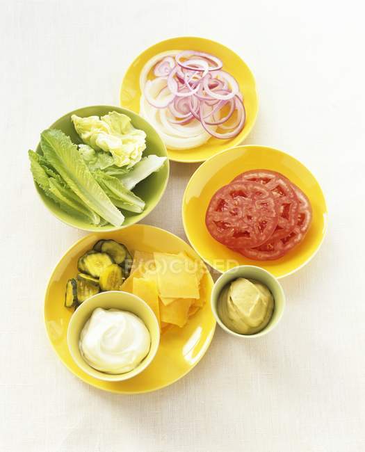Hamburger toppings of vegetables and cheese — Stock Photo