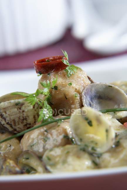 Seeteufel-Fischbällchen mit Venusmuscheln in grüner Sauce — Stockfoto