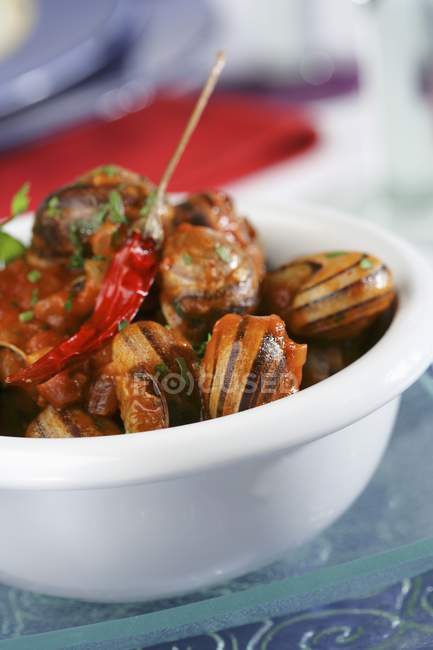 Lumache con salsa Romesco su piatto bianco — Foto stock