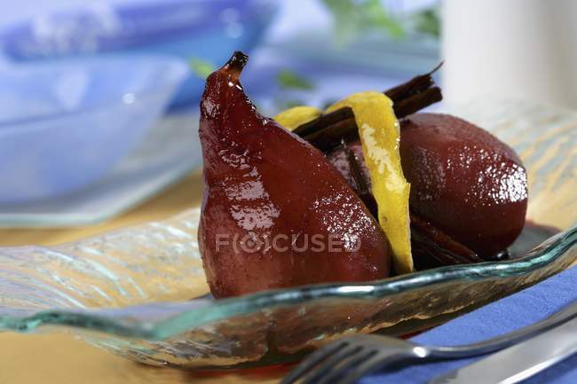 Closeup view of pears boiled with red wine — Stock Photo