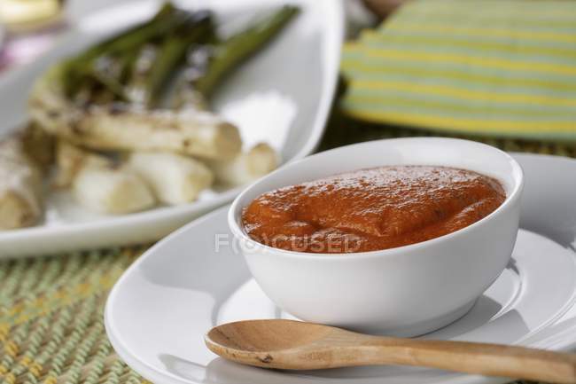Vista da vicino della salsa rossa Romesco in una ciotola bianca — Foto stock