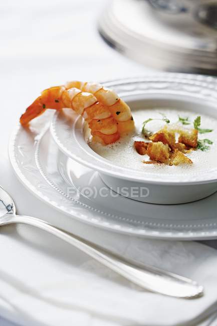 Parsnip soup with a langoustine  on white plate — Stock Photo