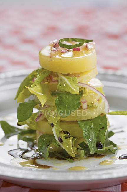 Layered potato tower with rocket and vinaigrette on white plate — Stock Photo