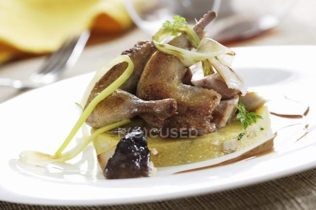 Closeup view of roast quail on Polenta with mushroom stock — Stock Photo