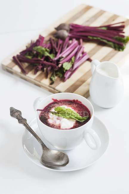 Borscht with milk froth  on white surface — Stock Photo