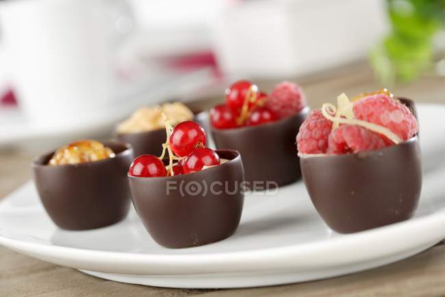 Chocolate and fruit tarts with cream — Stock Photo