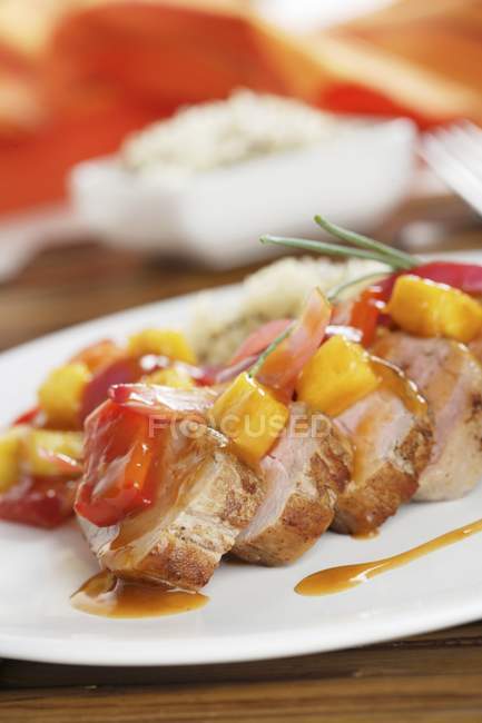 Sweet and sour pork with rice — Stock Photo