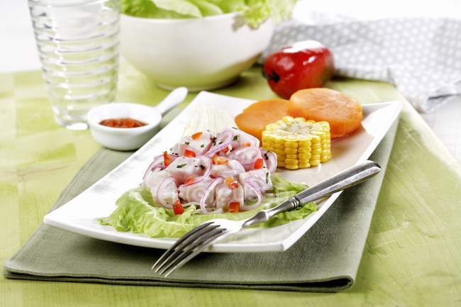 Elevated view of Peruvian Ceviche with vegetables — Stock Photo