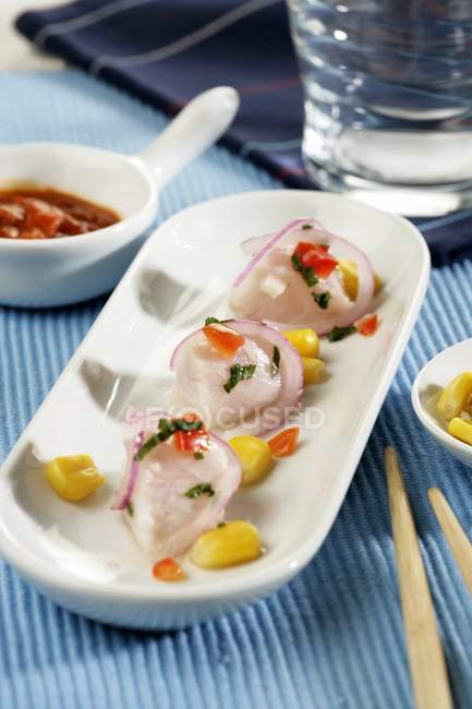Closeup view of Ceviche with fish and vegetables — Stock Photo