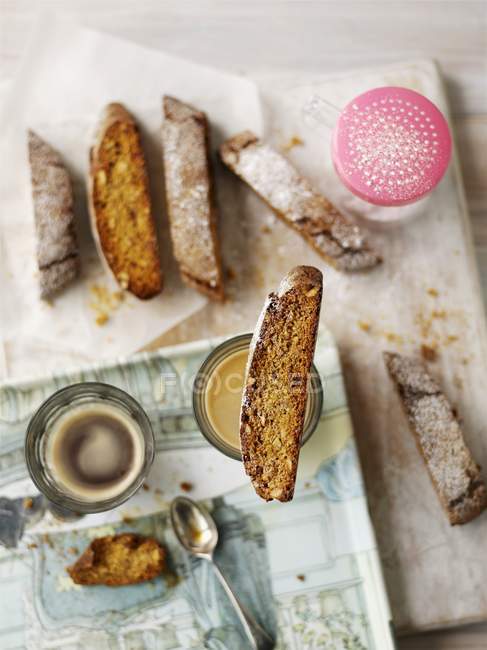Top view of Biscotti served with coffee — Stock Photo