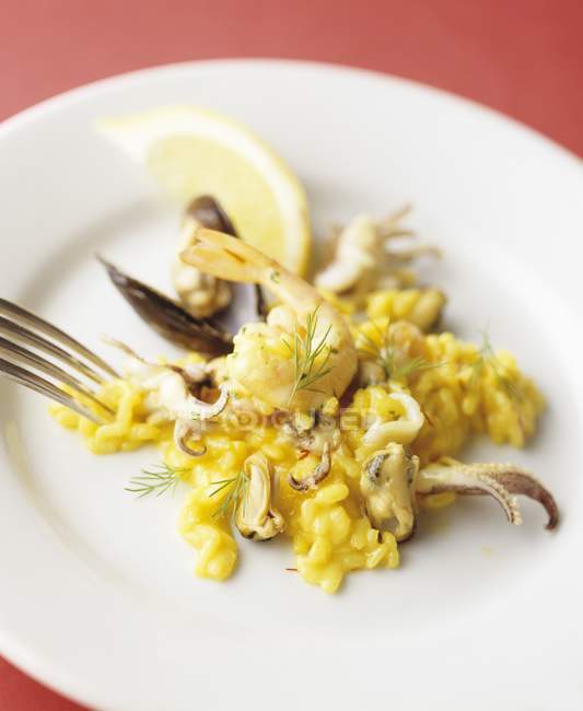 Primo piano vista dei frutti di mare Paella con riso, cozze, gamberetti, spicchi di limone e tentacoli di calamaro — Foto stock